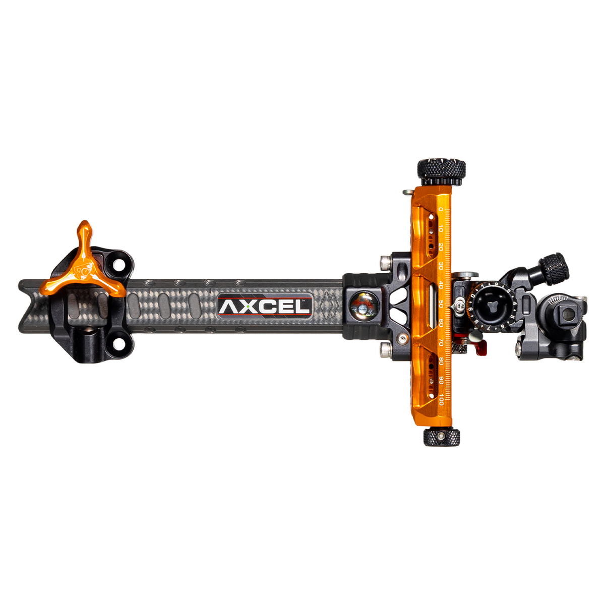 Axcel Achieve XP PRO Compound target sight, Orange elevation rail and knobs, 6 inch UHM Diamond Weave Carbon bar, right-handed