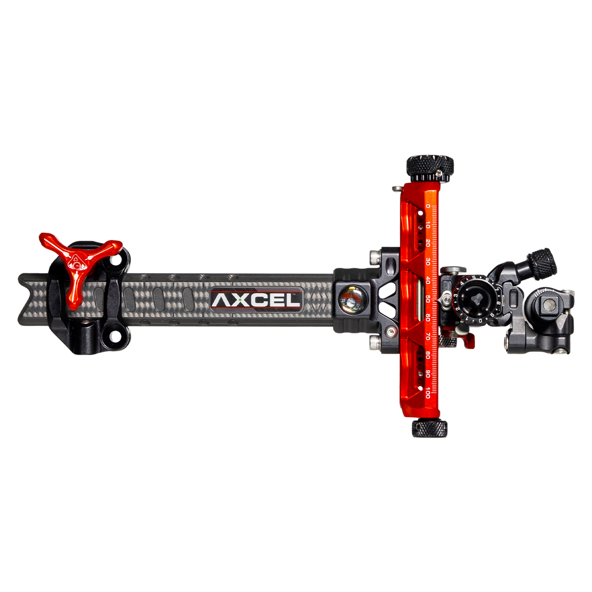 Axcel Achieve XP PRO Compound target sight, Red elevation rail and knobs, 6 inch UHM Diamond Weave Carbon bar, right-handed