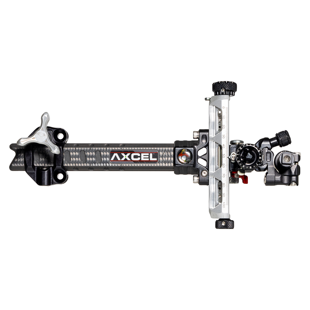 Axcel Achieve XP PRO Compound target sight, Silver elevation rail and knobs, 6 inch UHM Diamond Weave Carbon bar, right-handed