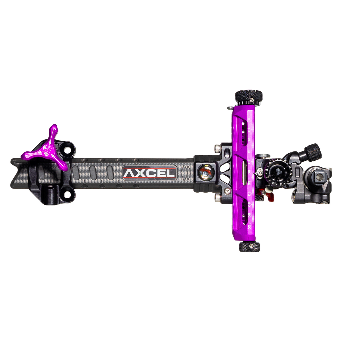 Axcel Achieve XP PRO Compound target sight, Purple elevation rail and knobs, 6 inch UHM Diamond Weave Carbon bar, right-handed