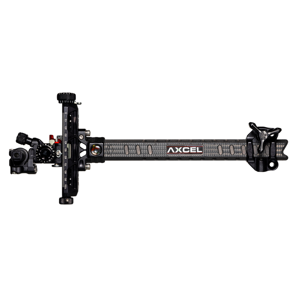 Axcel Achieve XP PRO Compound target sight, Black elevation rail and knobs, 9 inch UHM Diamond Weave Carbon bar, left-handed