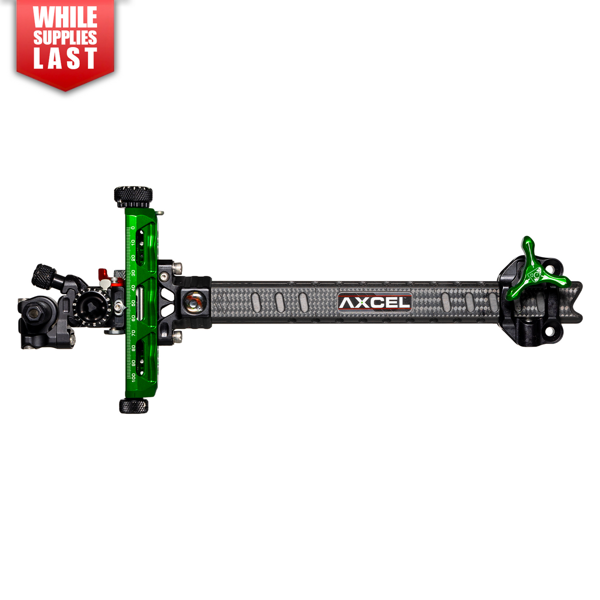 Axcel Achieve XP PRO Compound target sight, Green elevation rail and knobs, 9 inch UHM Diamond Weave Carbon bar, left-handed