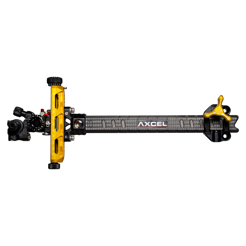Axcel Achieve XP PRO Compound target sight, Gold elevation rail and knobs, 9 inch UHM Diamond Weave Carbon bar, left-handed