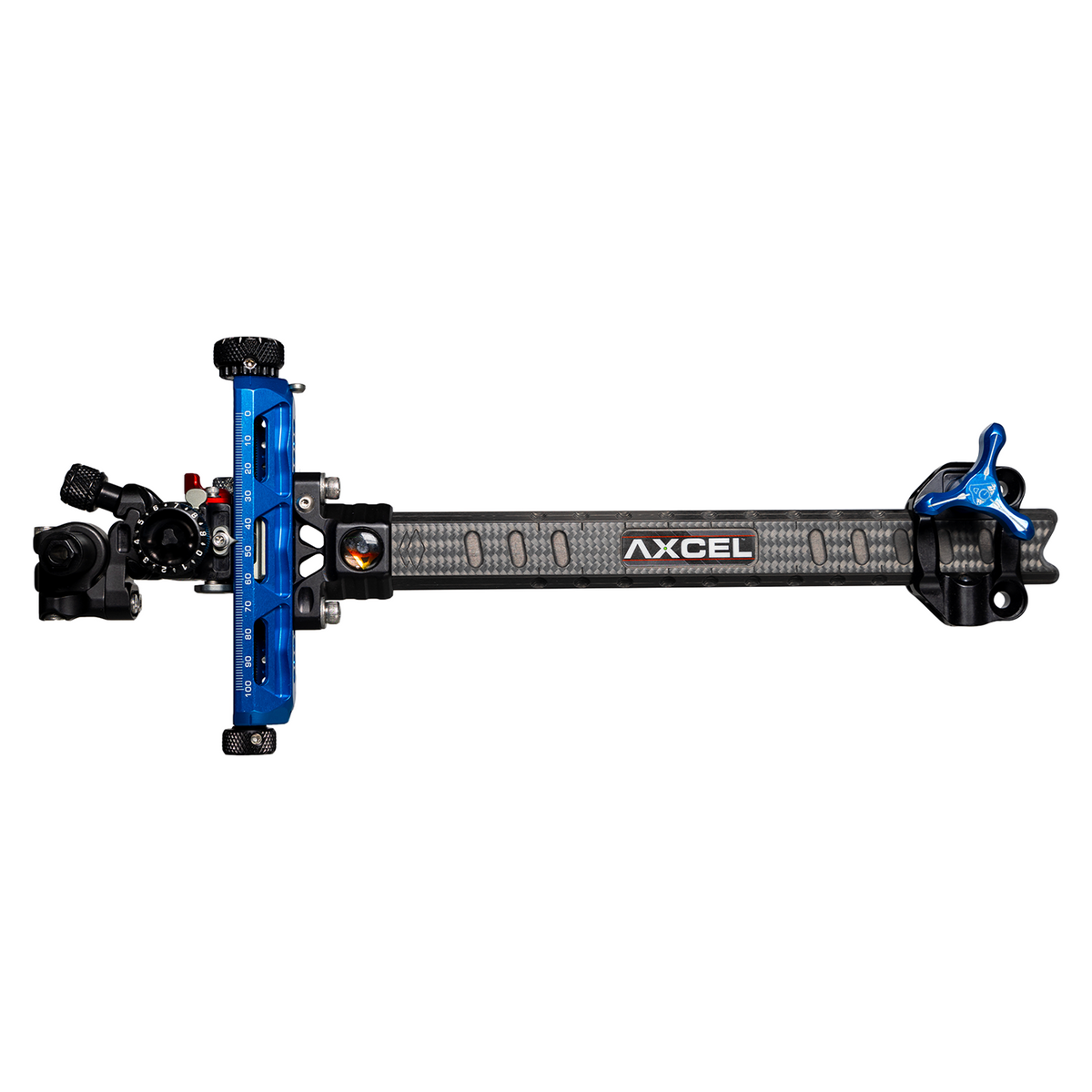 Axcel Achieve XP PRO Compound target sight, Blue elevation rail and knobs, 9 inch UHM Diamond Weave Carbon bar, left-handed