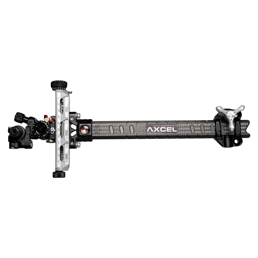 Axcel Achieve XP PRO Compound target sight, Silver elevation rail and knobs, 9 inch UHM Diamond Weave Carbon bar, left-handed