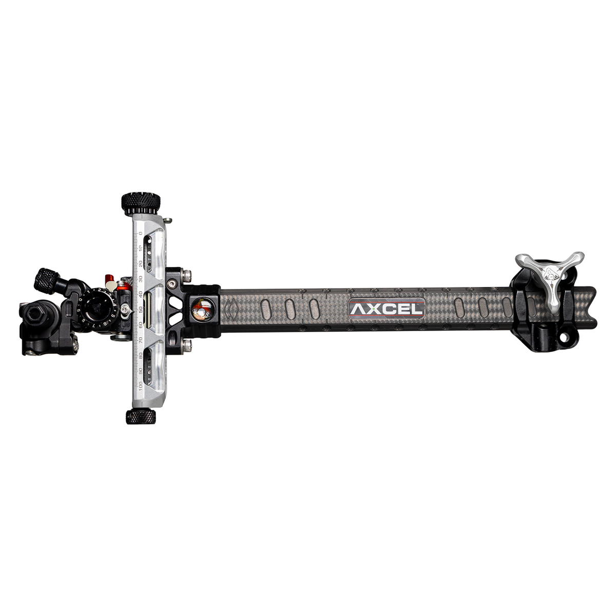 Axcel Achieve XP PRO Compound target sight, Silver elevation rail and knobs, 9 inch UHM Diamond Weave Carbon bar, left-handed