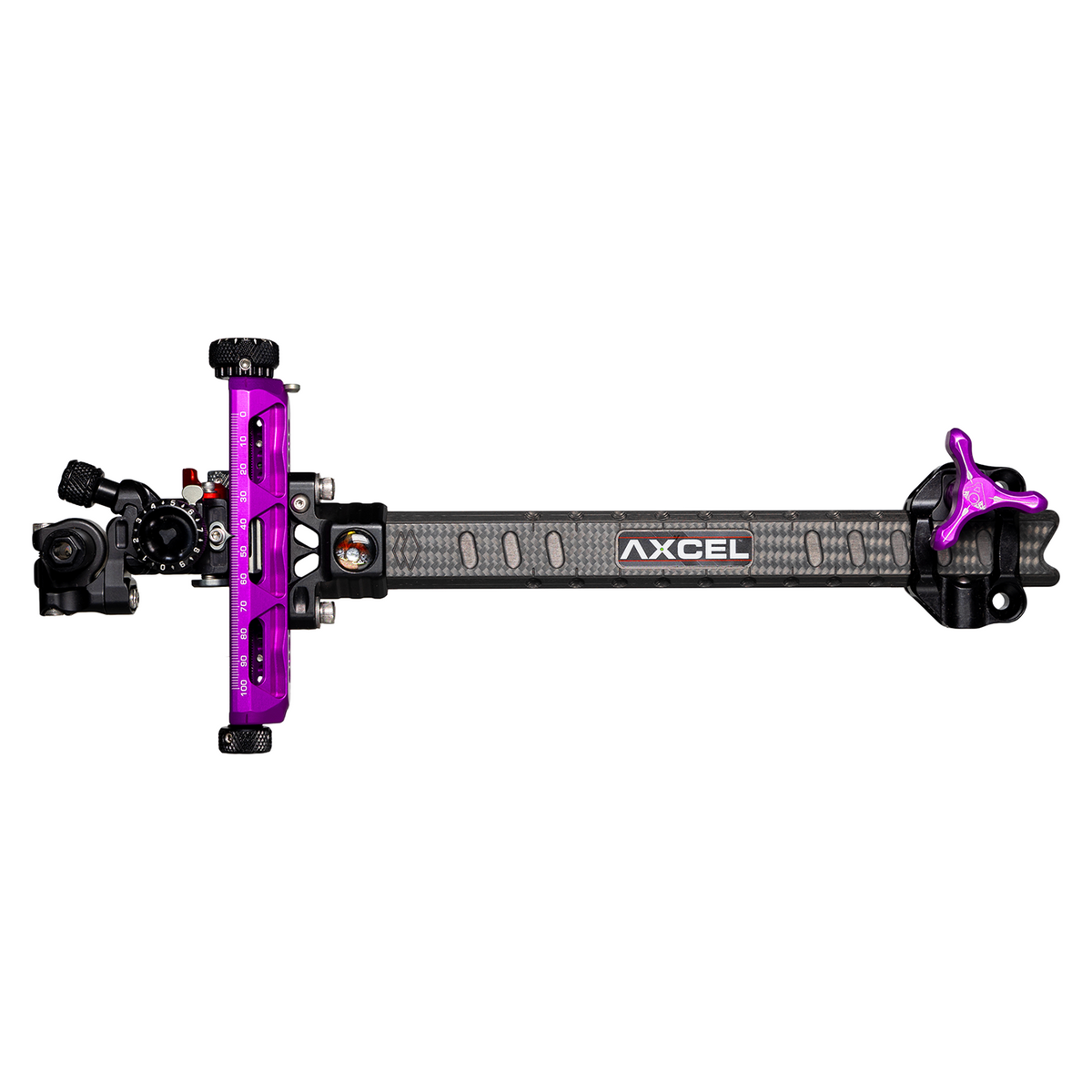 Axcel Achieve XP PRO Compound target sight, Purple elevation rail and knobs, 9 inch UHM Diamond Weave Carbon bar, left-handed