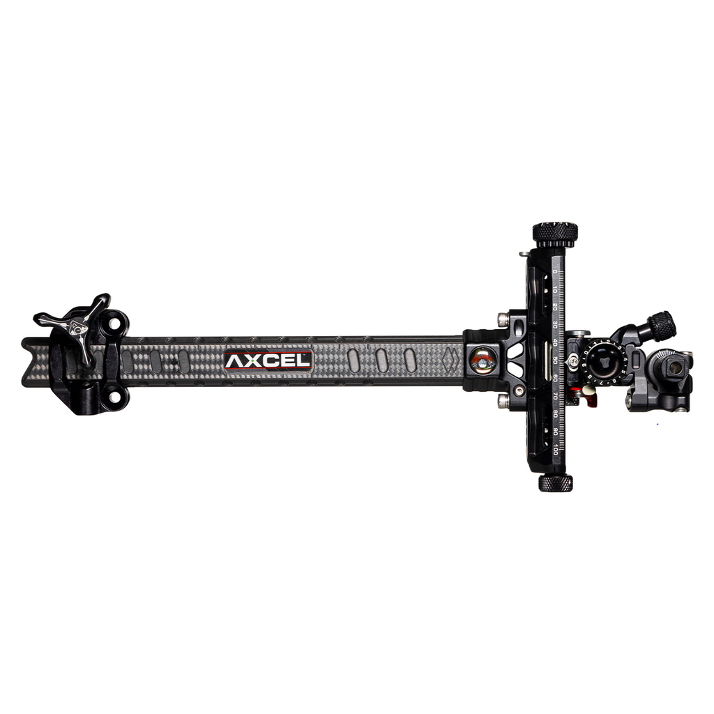 Axcel Achieve XP PRO Compound target sight, Black elevation rail and knobs, 9 inch UHM Diamond Weave Carbon bar, right-handed