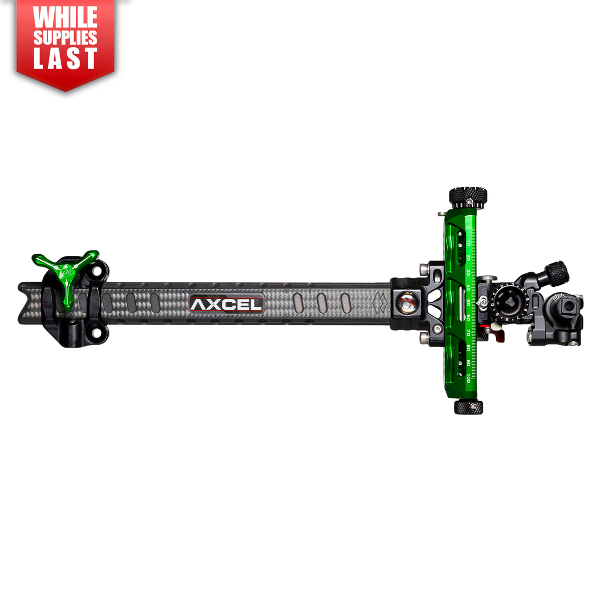 Axcel Achieve XP PRO Compound target sight, Green elevation rail and knobs, 9 inch UHM Diamond Weave Carbon bar, right-handed