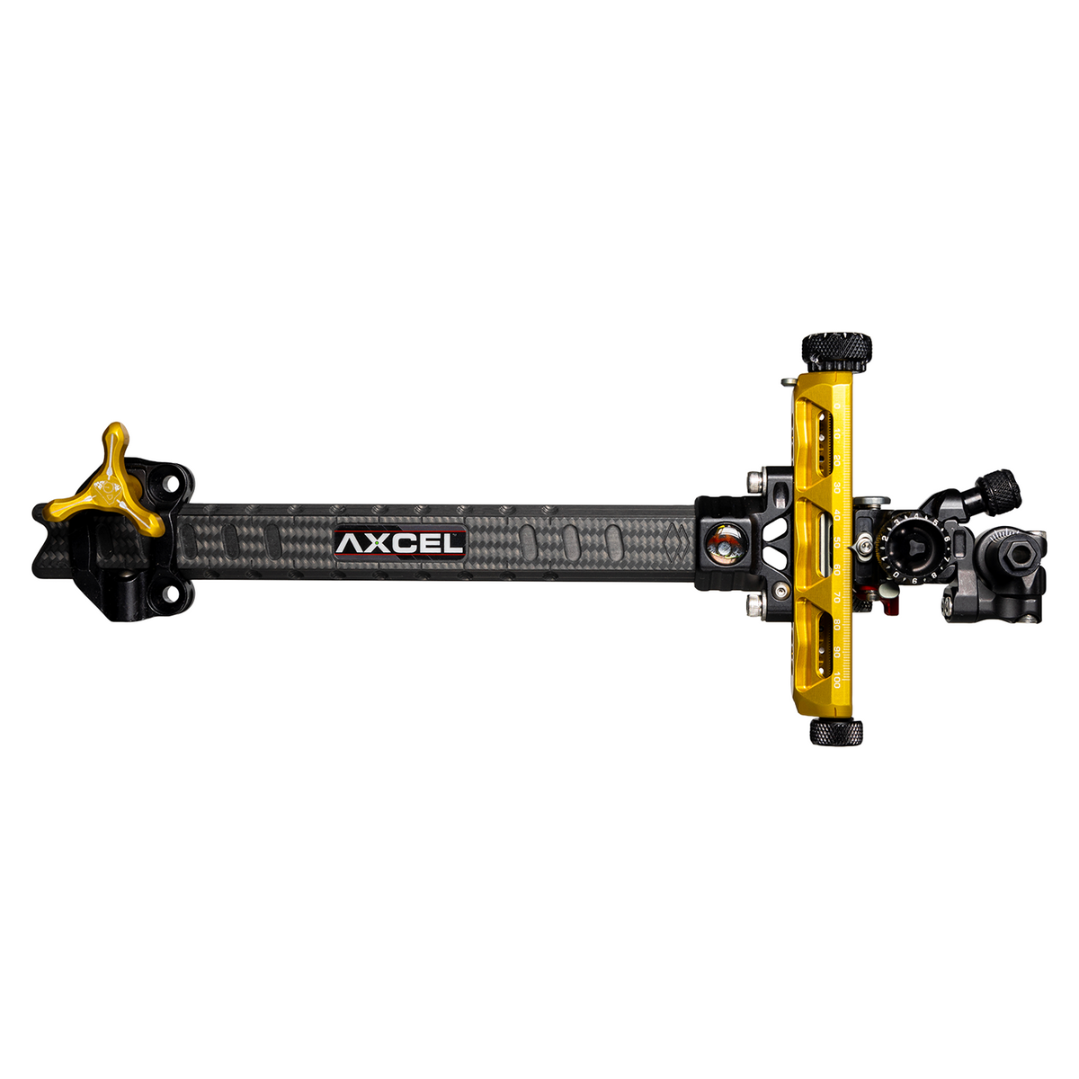 Axcel Achieve XP PRO Compound target sight, Gold elevation rail and knobs, 9 inch UHM Diamond Weave Carbon bar, right-handed