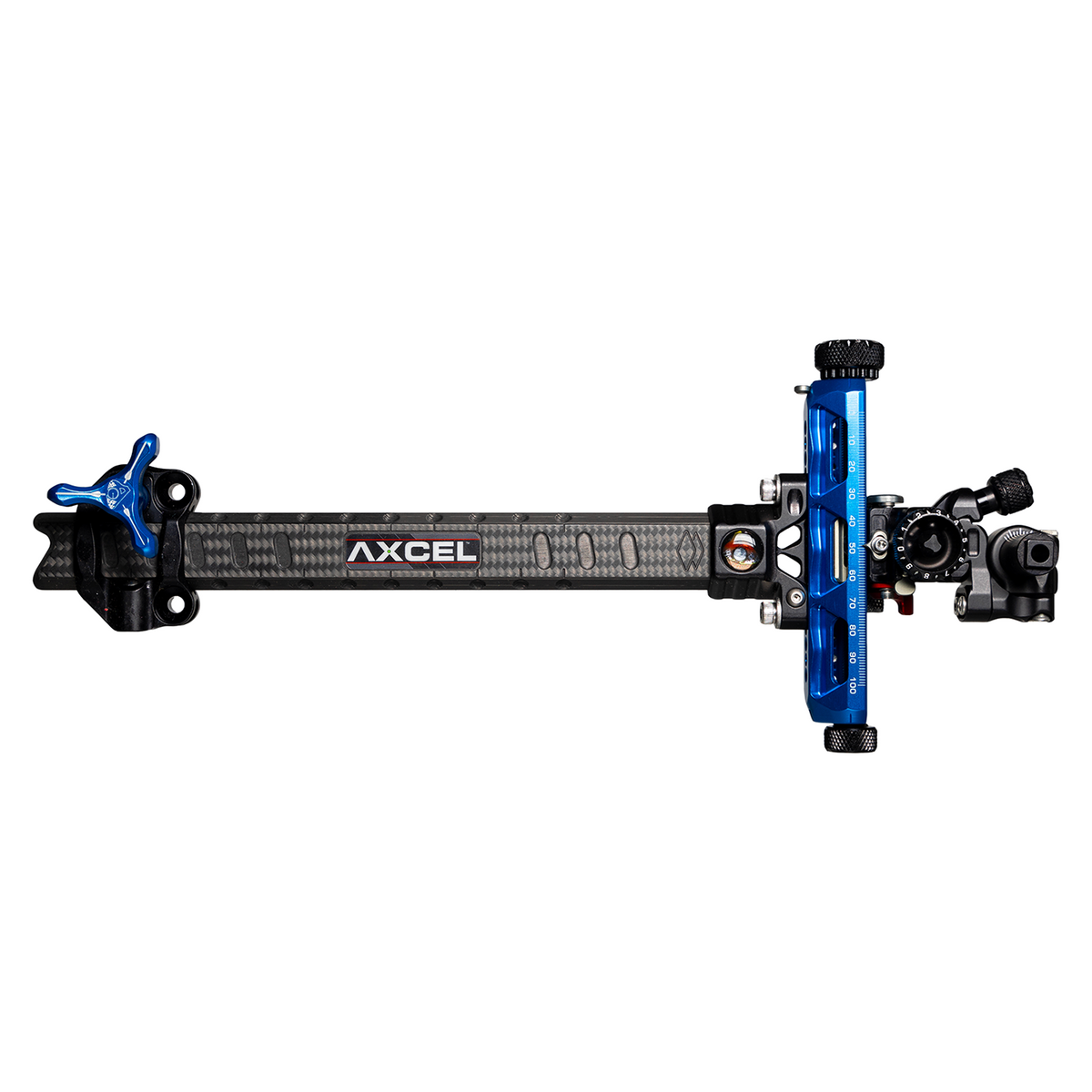 Axcel Achieve XP PRO Compound target sight, Blue elevation rail and knobs, 9 inch UHM Diamond Weave Carbon bar, right-handed