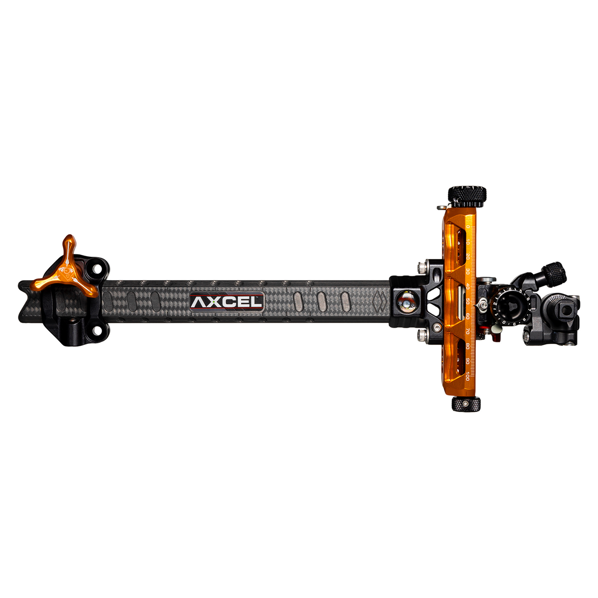Axcel Achieve XP PRO Compound target sight, Orange elevation rail and knobs, 9 inch UHM Diamond Weave Carbon bar, right-handed