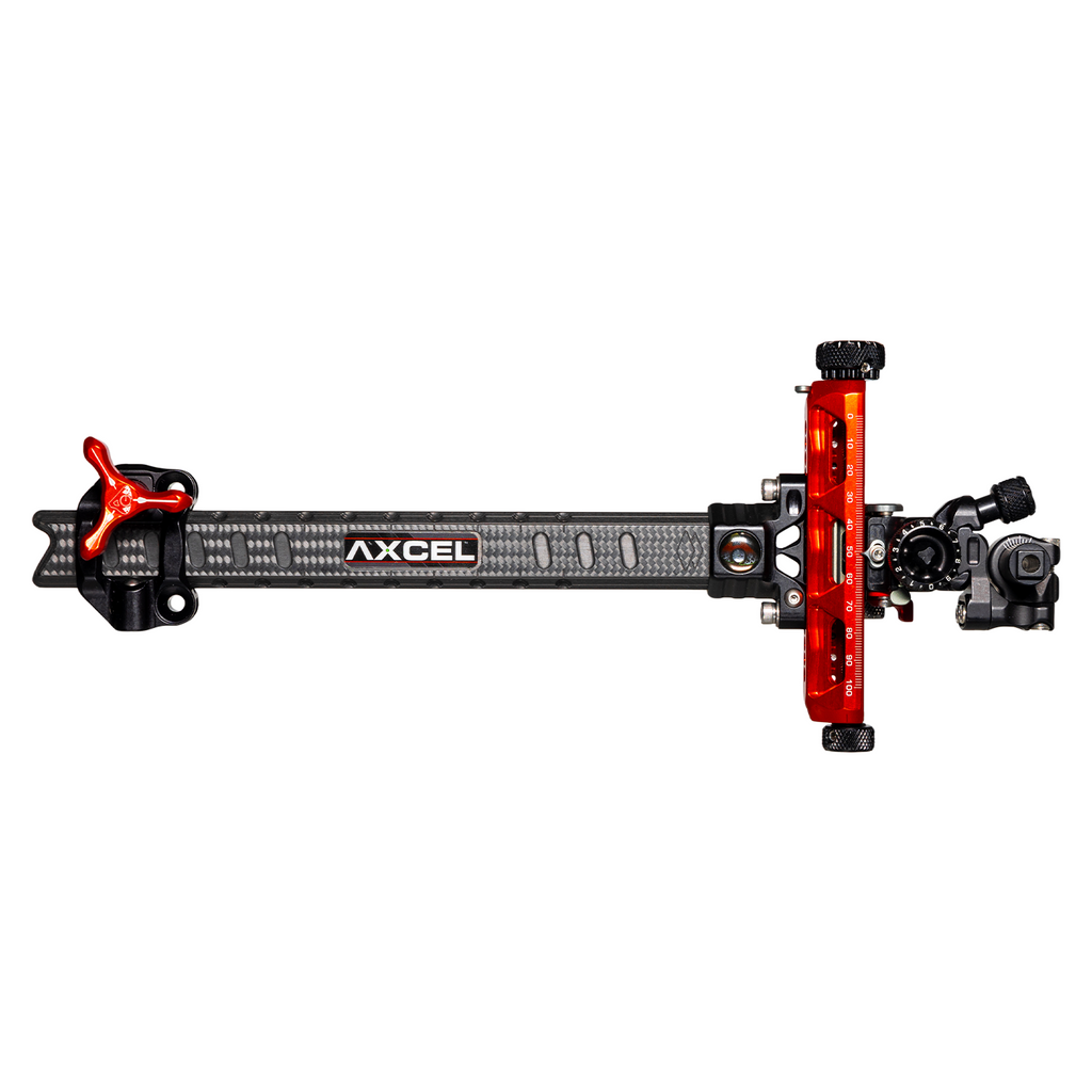 Axcel Achieve XP PRO Compound target sight, Red elevation rail and knobs, 9 inch UHM Diamond Weave Carbon bar, right-handed