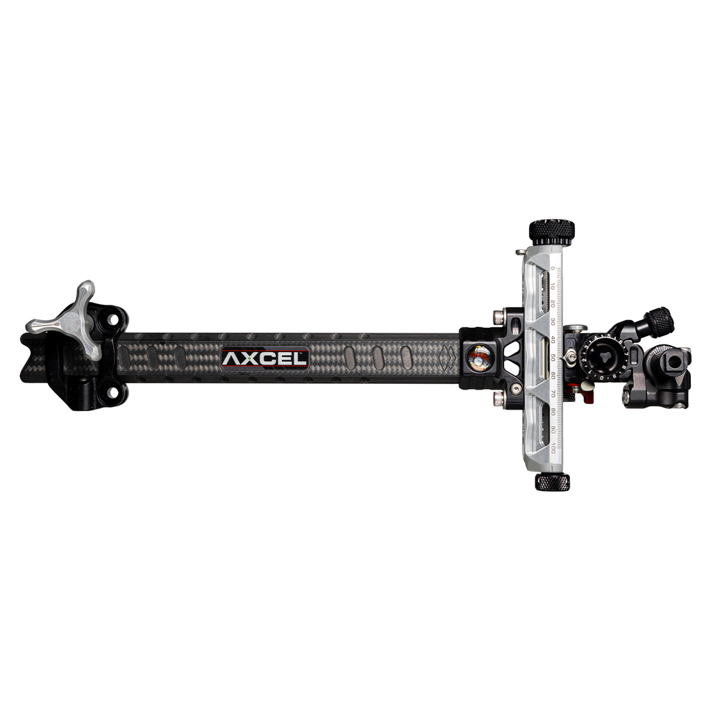 Axcel Achieve XP PRO Compound target sight, Silver elevation rail and knobs, 9 inch UHM Diamond Weave Carbon bar, right-handed