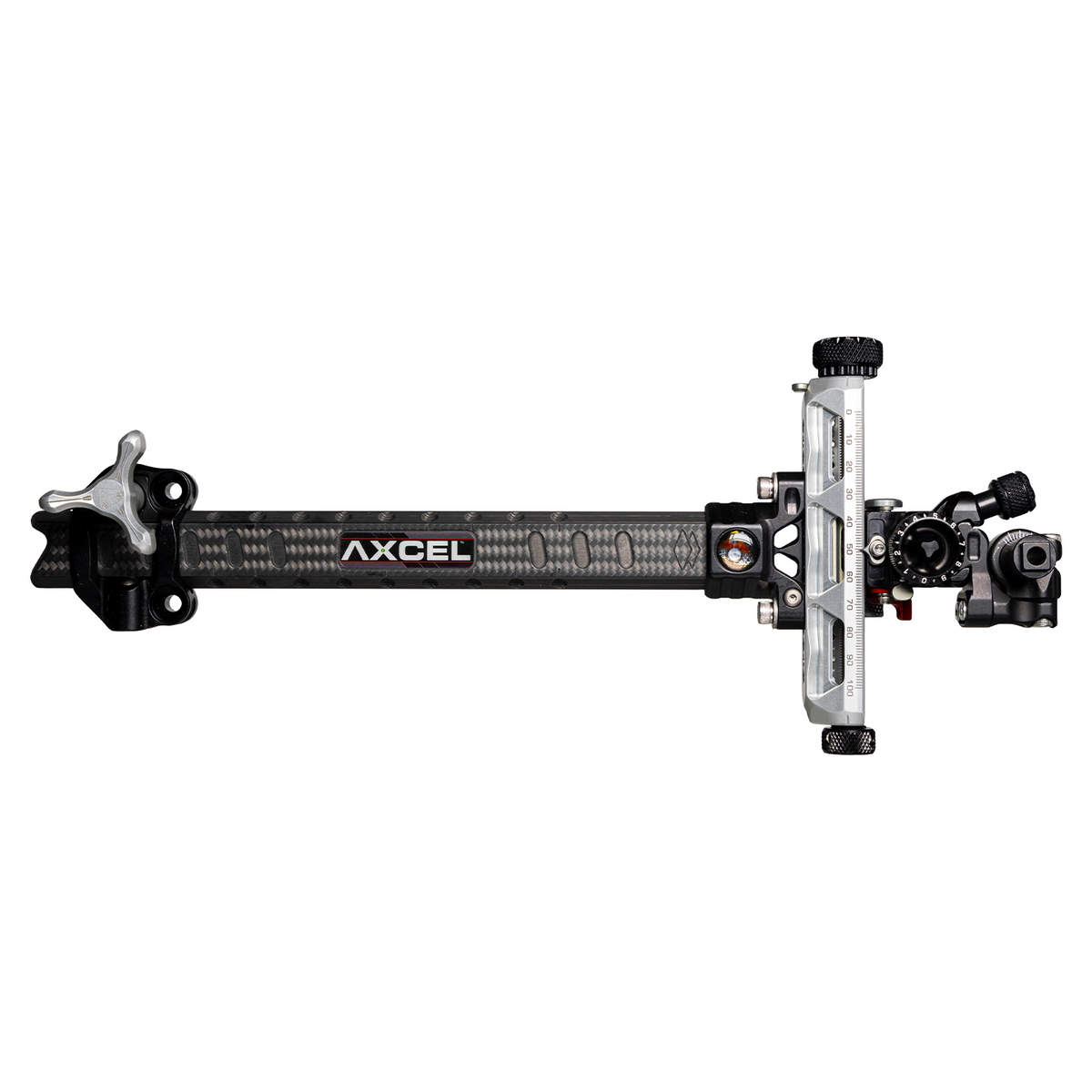 Axcel Achieve XP PRO Compound target sight, Silver elevation rail and knobs, 9 inch UHM Diamond Weave Carbon bar, right-handed