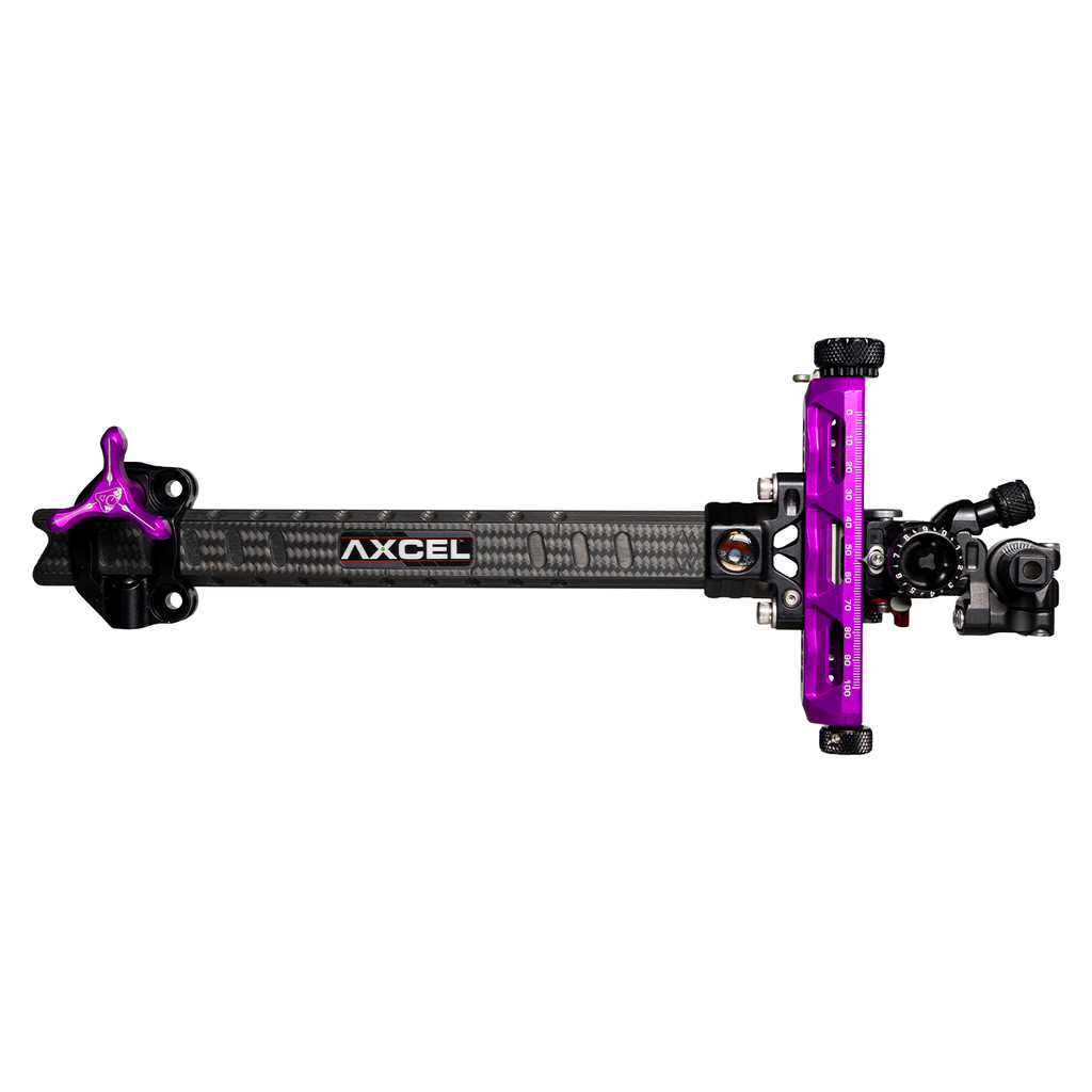 Axcel Achieve XP PRO Compound target sight, Purple elevation rail and knobs, 9 inch UHM Diamond Weave Carbon bar, right-handed