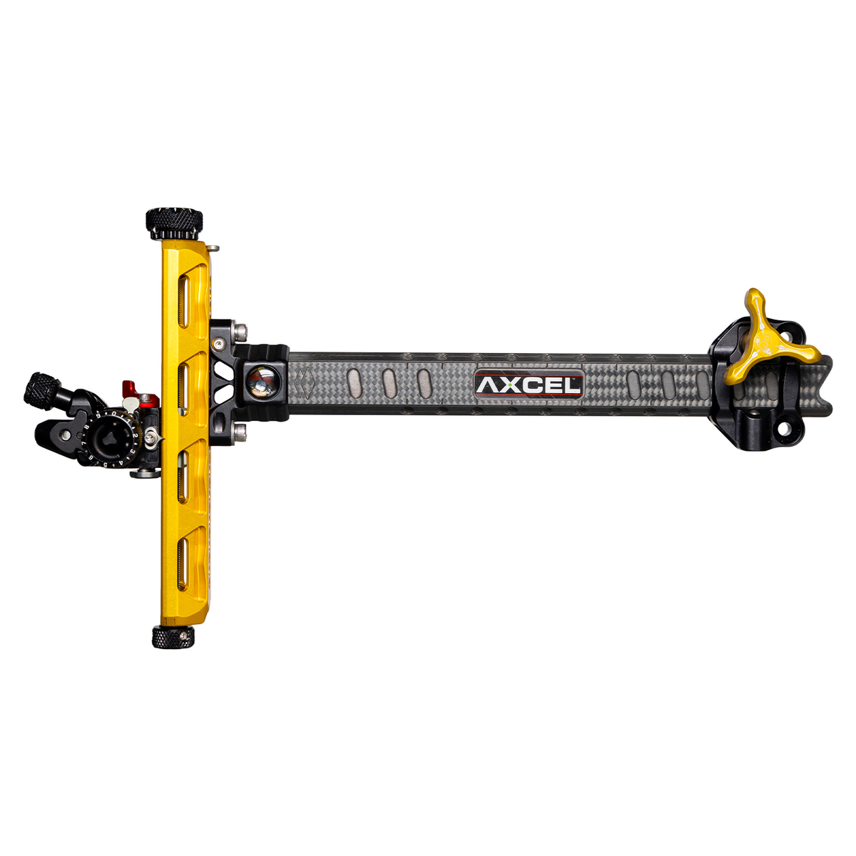 Axcel Achieve XP PRO Recurve sight, Gold elevation rail and knobs, left-handed
