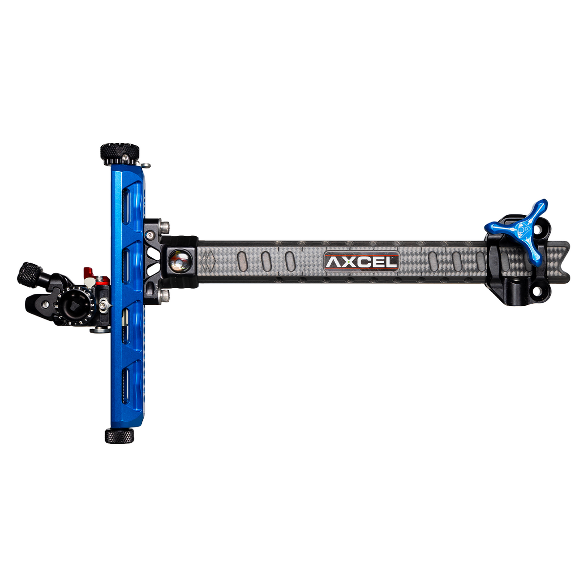 Axcel Achieve XP PRO Recurve sight, Blue elevation rail and knobs, left-handed