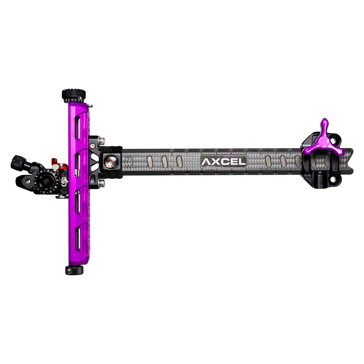 Axcel Achieve XP PRO Recurve sight, Purple elevation rail and knobs, left-handed