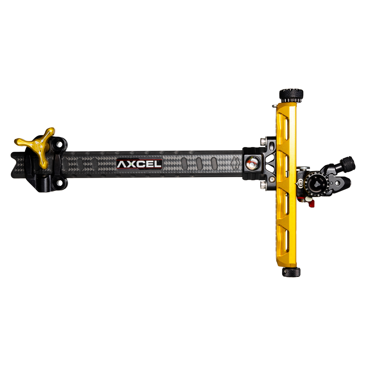 Axcel Achieve XP PRO Recurve sight, Gold elevation rail and knobs, right-handed