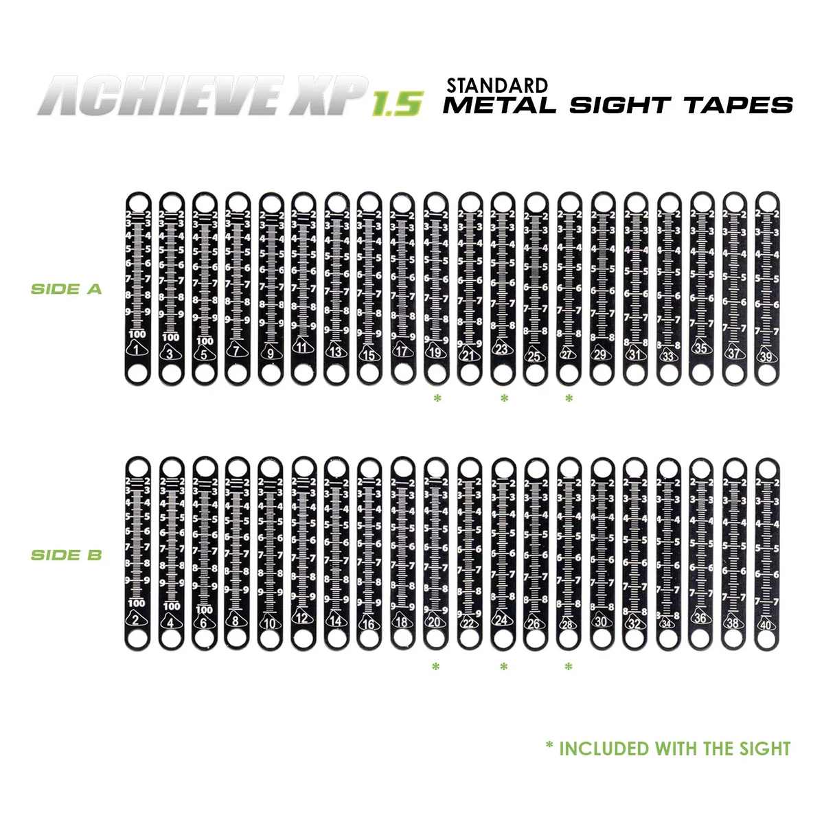 Axcel Achieve XP Variable Range 1.5" Standard Metal Sight Tapes, sides 1-40 reference chart