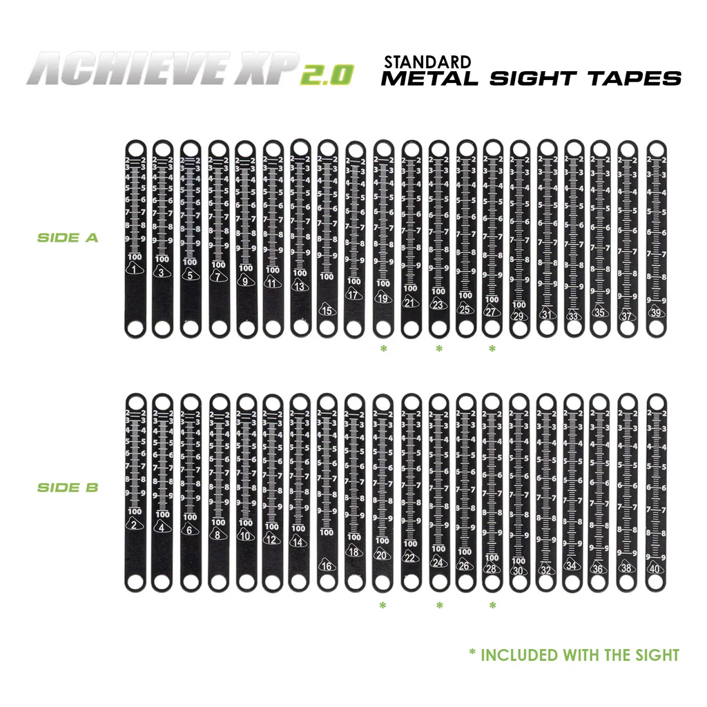 Axcel Achieve XP Variable Range 2.0" metal sight tape chart, Side A and Side B scales 1 to 40