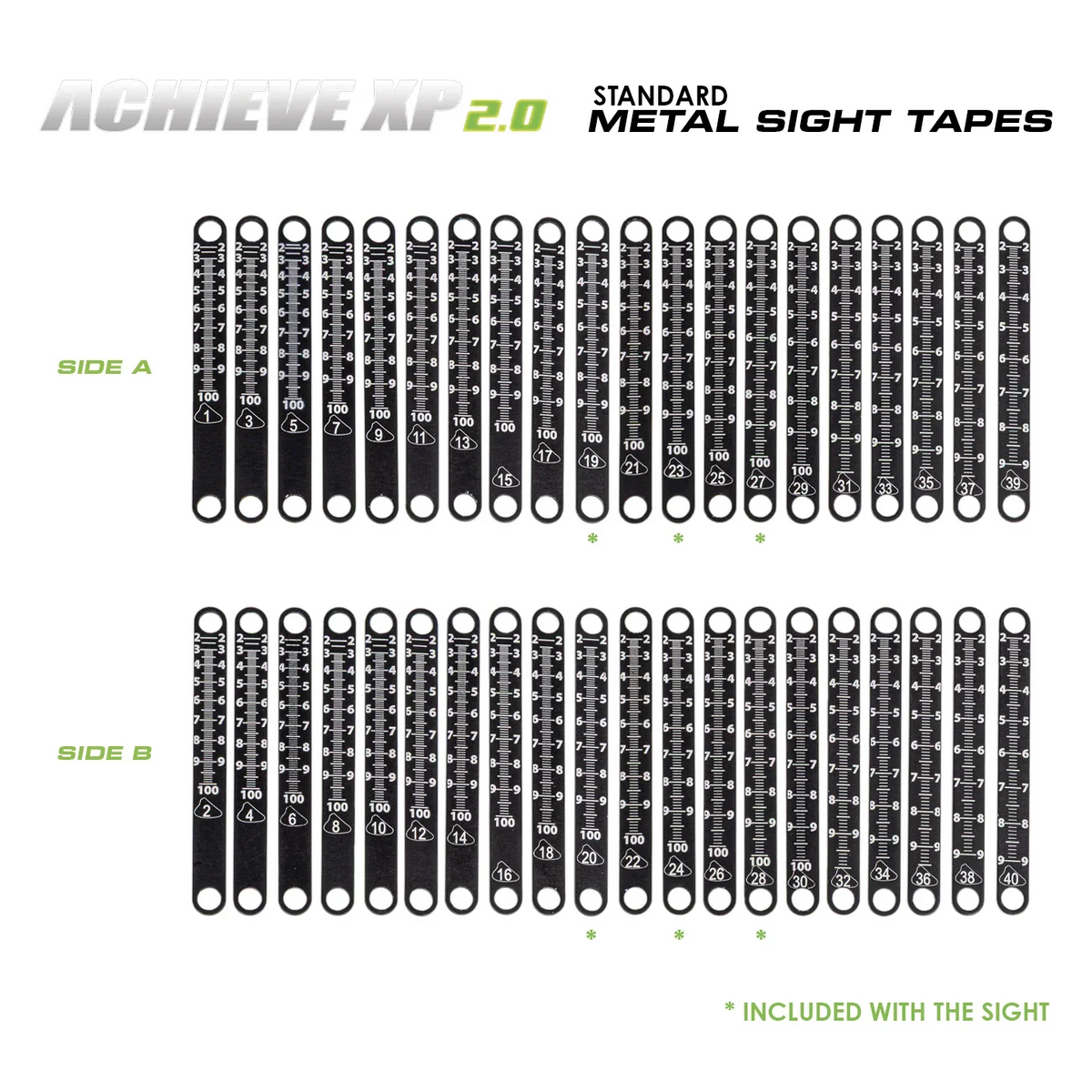 Axcel Achieve XP Variable Range 2.0" metal sight tape chart, Side A and Side B scales 1 to 40