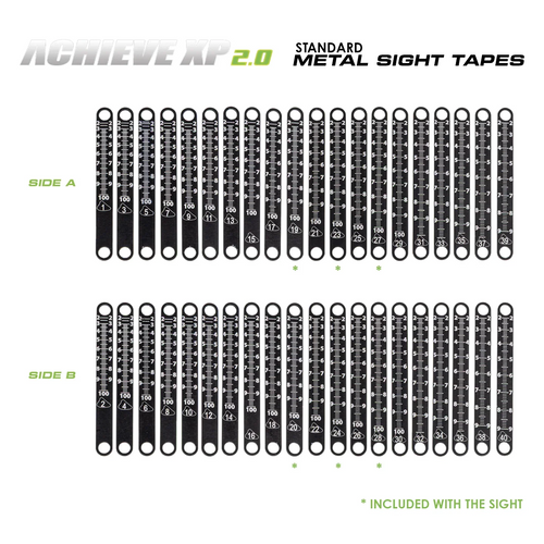 Axcel Achieve XP Variable Range 2.0" metal sight tape chart, Side A and Side B scales 1 to 40