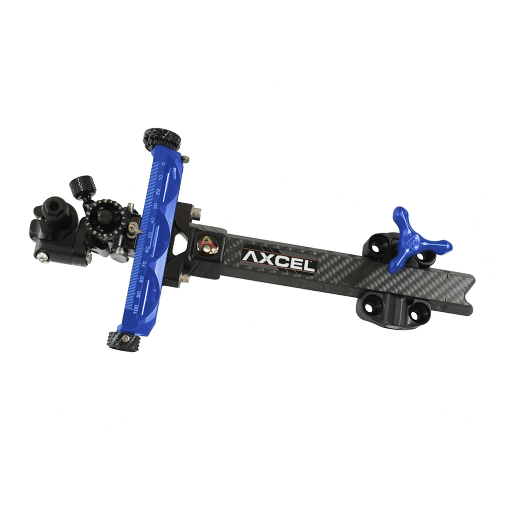 Axcel Achieve XP Compound sight, 6 inch UHM Carbon left-handed, Blue elevation rail and knob
