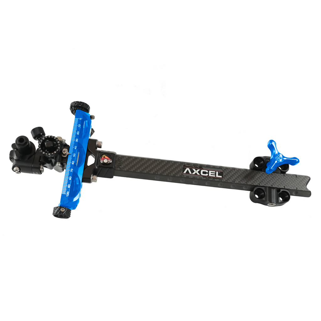 Axcel Achieve XP Compound sight, 9 inch UHM Carbon left-handed, Blue elevation rail and knob