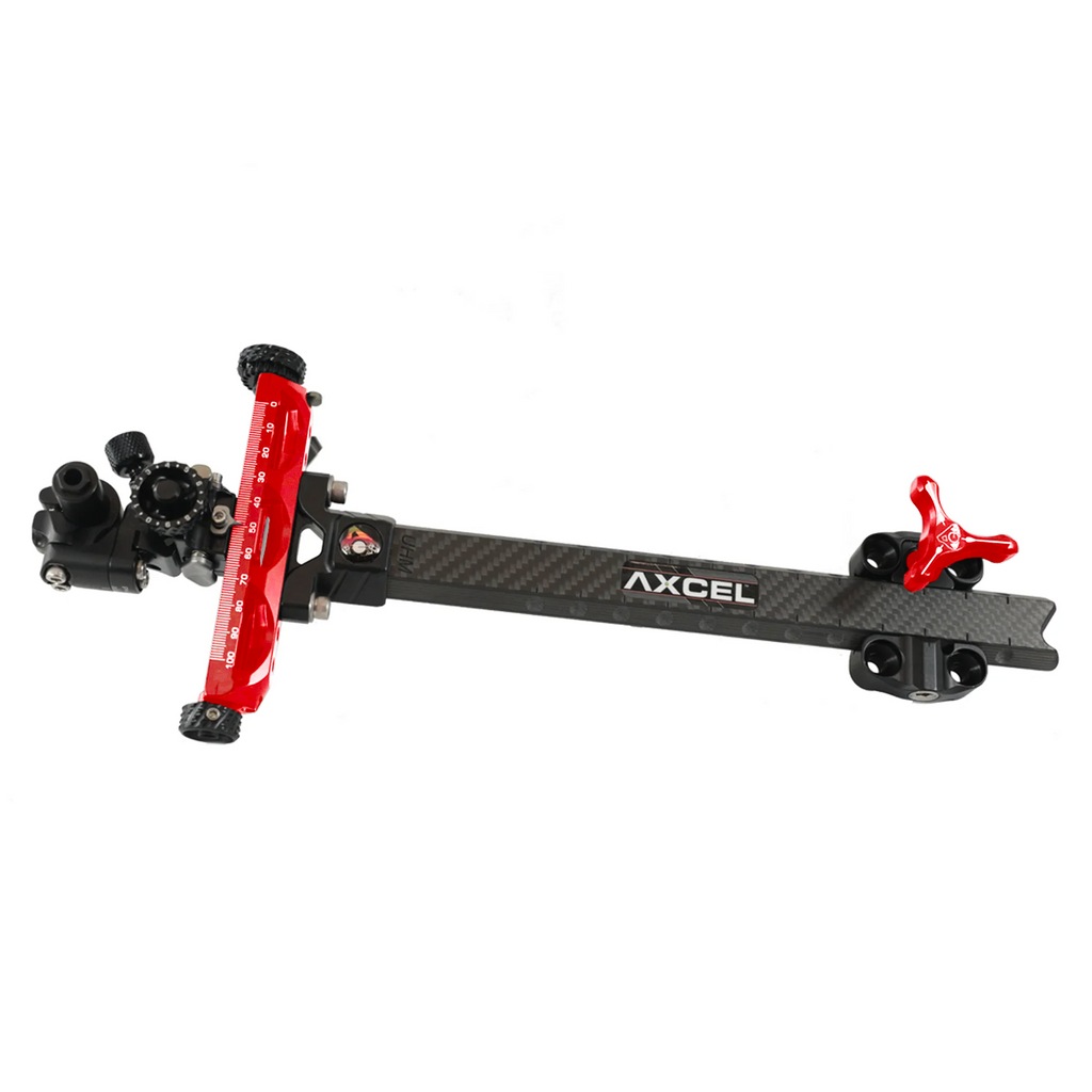 Axcel Achieve XP Compound sight, 9 inch UHM Carbon left-handed, Red elevation rail and knob