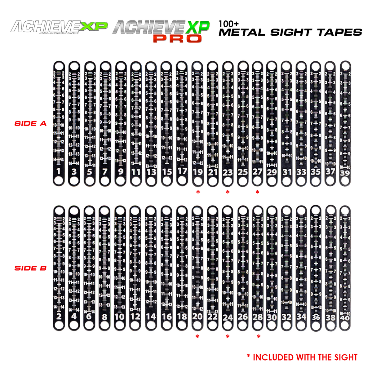 Axcel 100+ Metal Sight Tapes chart for Achieve XP and Achieve XP Pro, all 20 tapes, Side A scales 1-39 and Side B scales 2-40