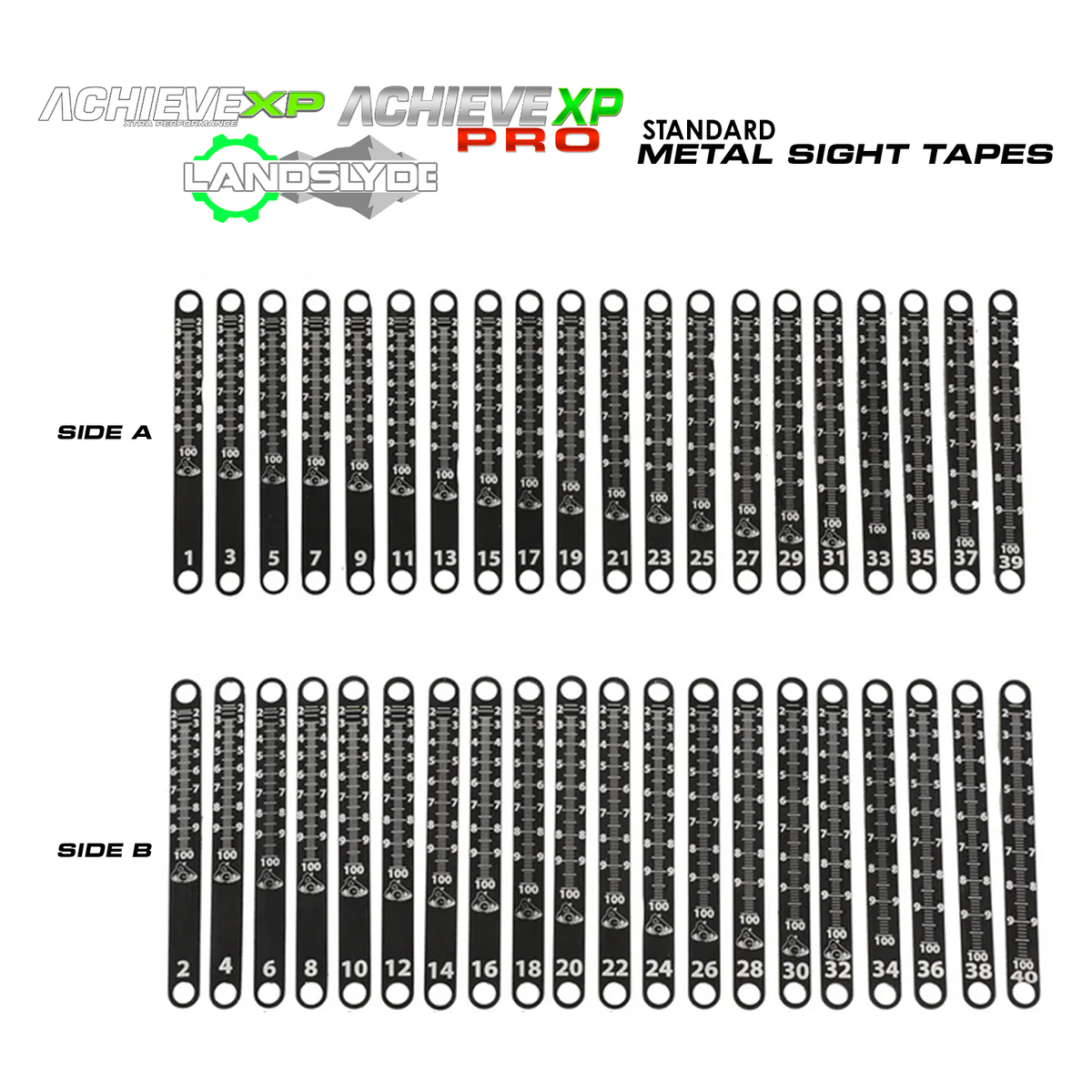 Axcel Standard Metal Sight Tapes, complete set of 20 double-sided tapes showing Side A scales 1-39 odd and Side B scales 2-40 even