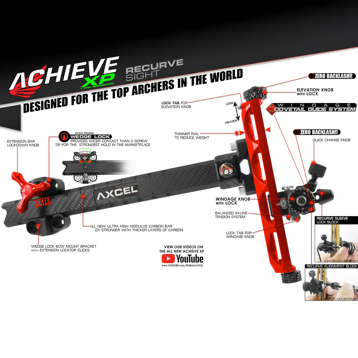 Axcel Achieve XP Recurve sight features: Wedge Lock mount, UHM carbon bar, Windage Dovetail Guide System