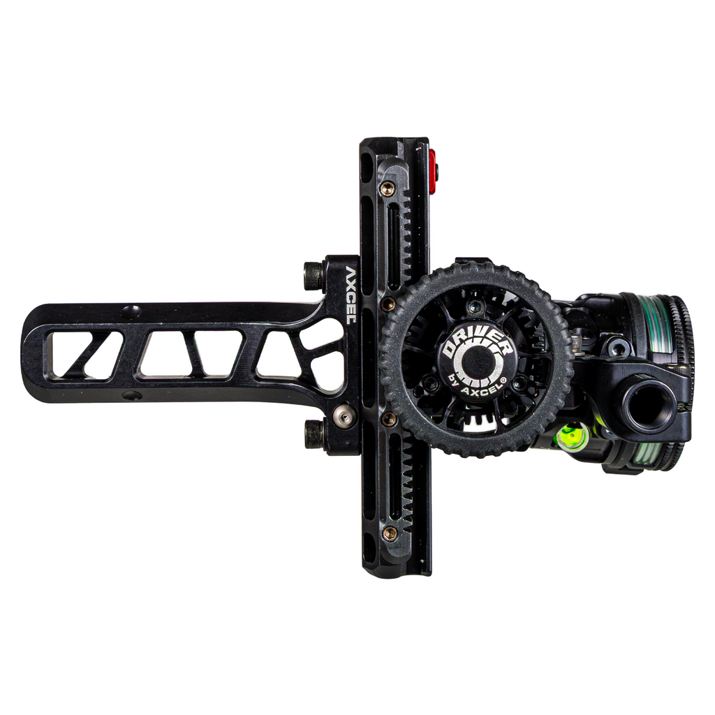 Axcel Driver AVX PLUS Single Pin Bridge-Lock bow sight, Stealth Bowhunting Black, rear view showing drive wheel and Bridge-Lock mount