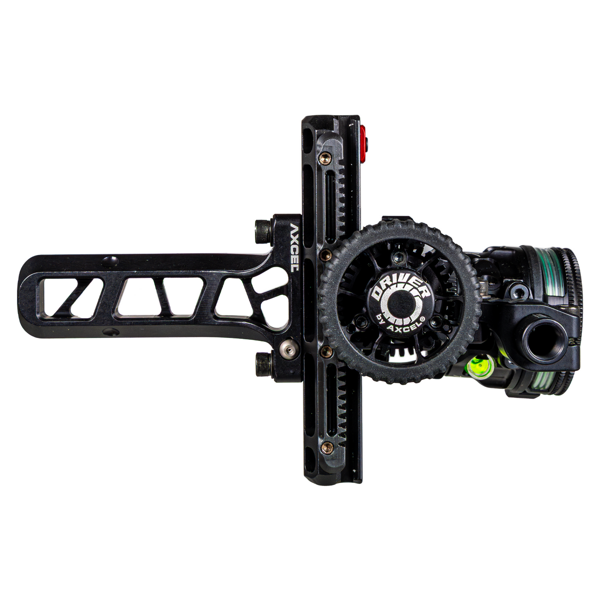 Axcel Driver AVX PLUS Single Pin Bridge-Lock bow sight, Stealth Bowhunting Black, rear view showing drive wheel and Bridge-Lock mount