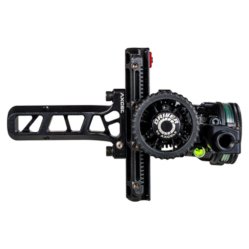 Axcel Driver AVX PLUS Single Pin Bridge-Lock bow sight, Stealth Bowhunting Black, rear view showing drive wheel and Bridge-Lock mount
