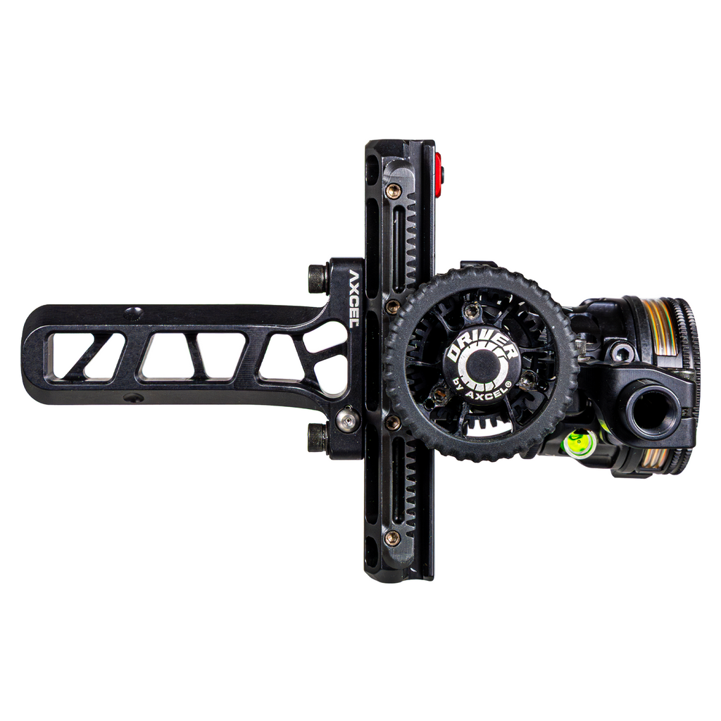 Axcel Driver AVX PLUS Ranger Pin Bridge-Lock bow sight, Stealth Bowhunting Black, top view showing Bridge-Lock bar and drive wheel, AVX-31 Plus scope