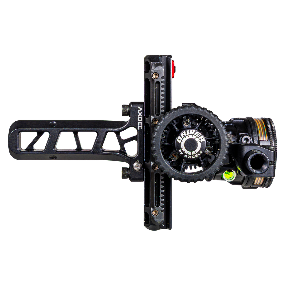 Axcel Driver AVX PLUS Ranger Pin Bridge-Lock bow sight, Stealth Bowhunting Black, top view showing Bridge-Lock bar and drive wheel, AVX-31 Plus scope