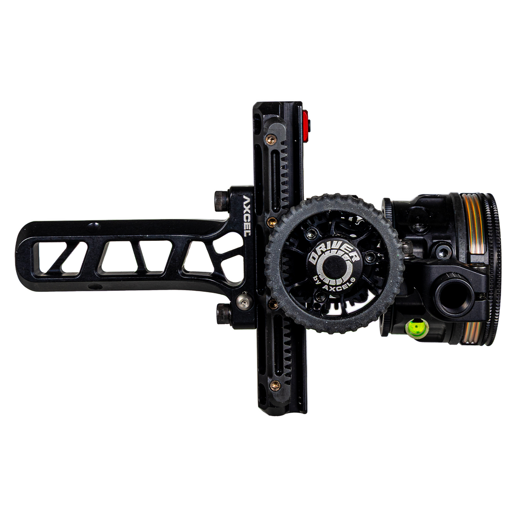 Axcel Driver AVX PLUS Ranger Pin Bridge-Lock bow sight, Stealth Bowhunting Black, top view showing Bridge-Lock bar and drive wheel, AVX-41 Plus scope