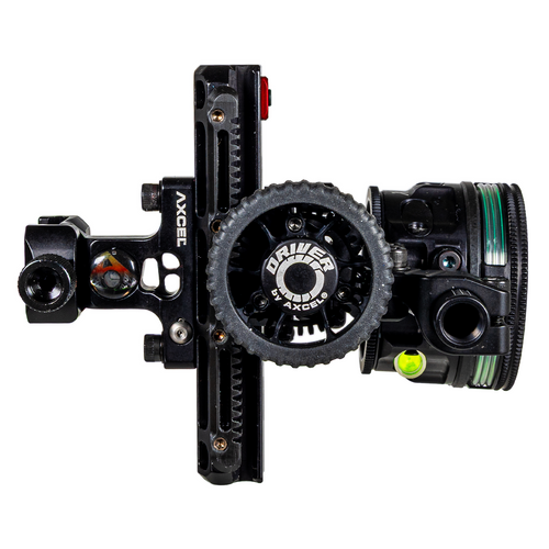 Axcel Driver AVX PLUS Single Pin Picatinny sight, Stealth Bowhunting Black, drive wheel and Picatinny mount detail
