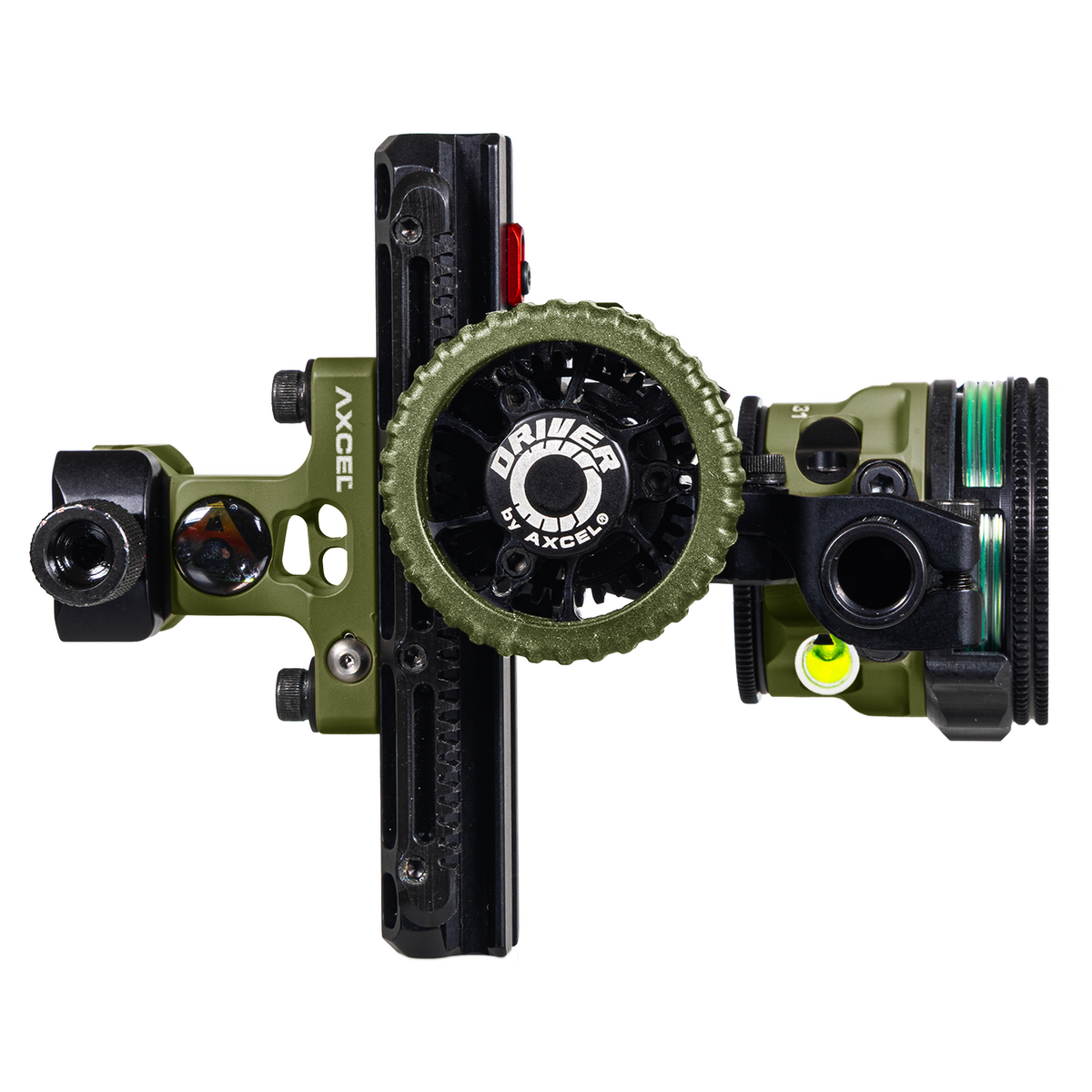 Axcel Driver CK AVX-31 Plus single pin bow sight, Evergreen Cerakote, rear view showing DRIVER drive wheel and Picatinny mount