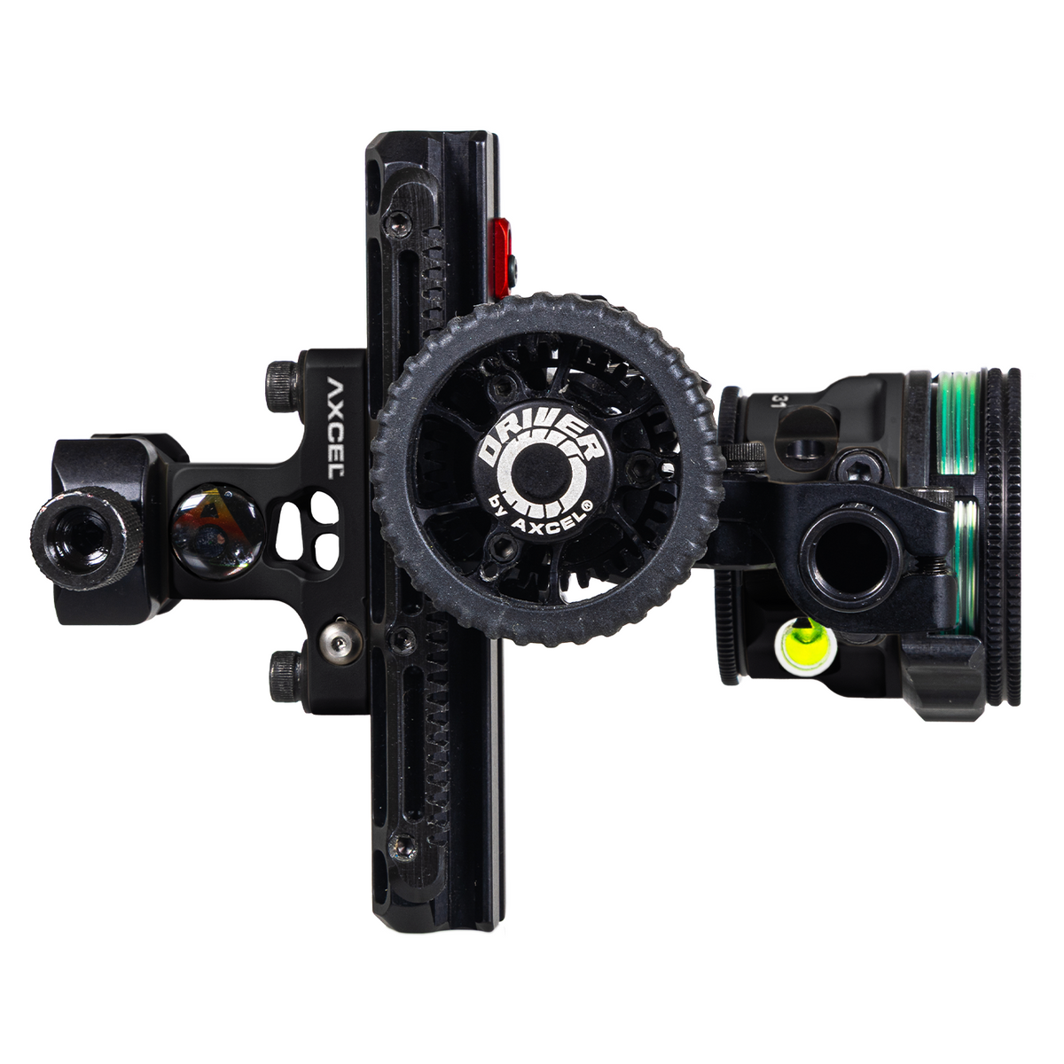 Axcel Driver CK AVX-31 Plus single pin bow sight, Midnight Cerakote, rear view showing DRIVER drive wheel and Picatinny mount