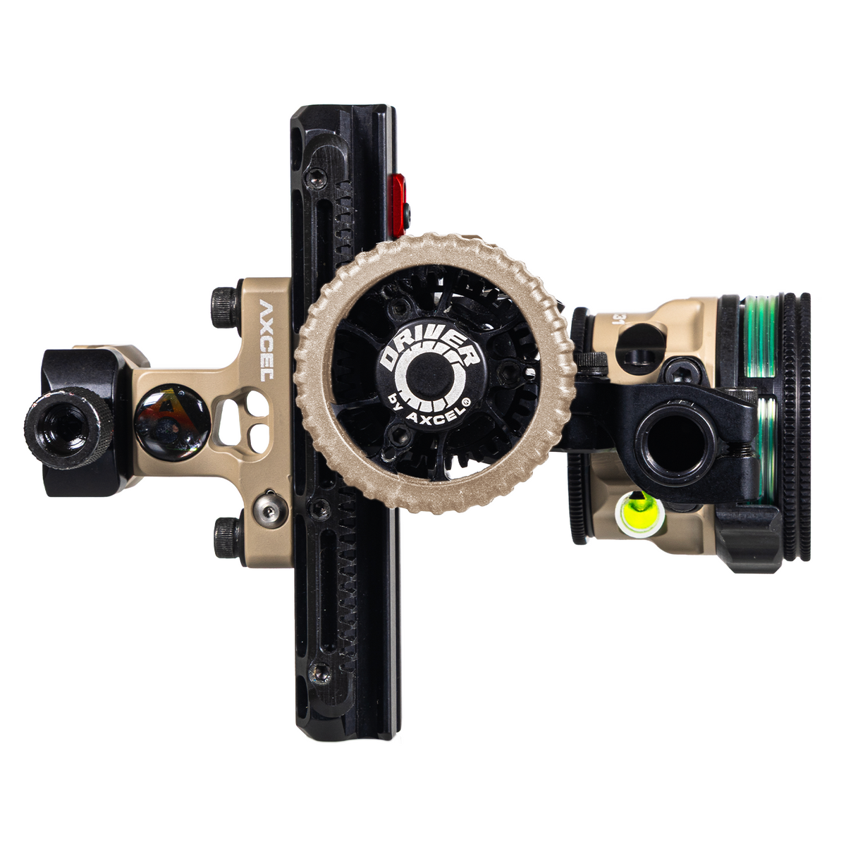 Axcel Driver CK AVX-31 Plus single pin bow sight, Terrain Cerakote, rear view showing DRIVER drive wheel and Picatinny mount