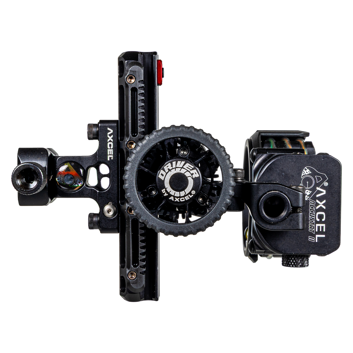 Axcel Driver AccuStat II Multi Pin Picatinny bow sight, Stealth Bowhunting Black, drive wheel and AccuStat II scope view