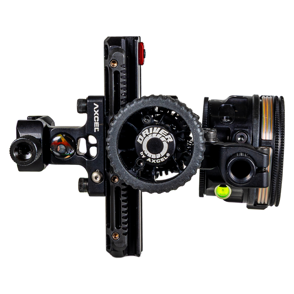 Axcel Driver Picatinny sight, Stealth Bowhunting Black, top view showing drive wheel and Picatinny mount