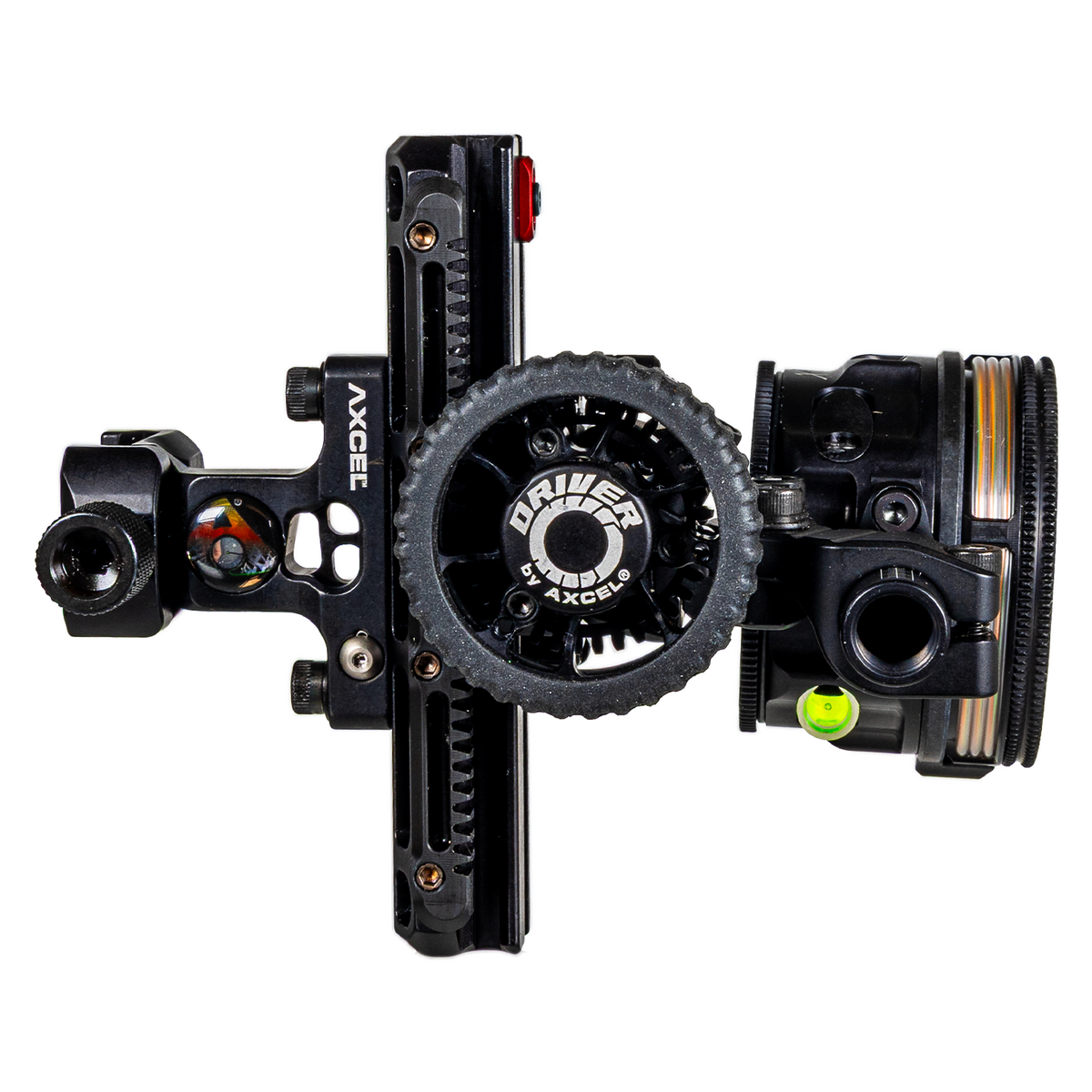 Axcel Driver Picatinny sight, Stealth Bowhunting Black, top view showing drive wheel and Picatinny mount