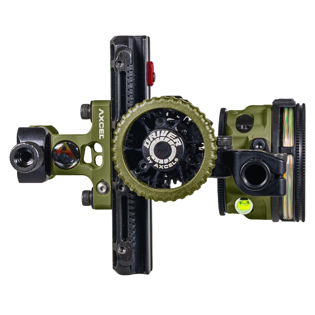 Axcel Driver CK Picatinny bow sight, Evergreen Cerakote with AVX-41 Plus scope, rear view of drive wheel