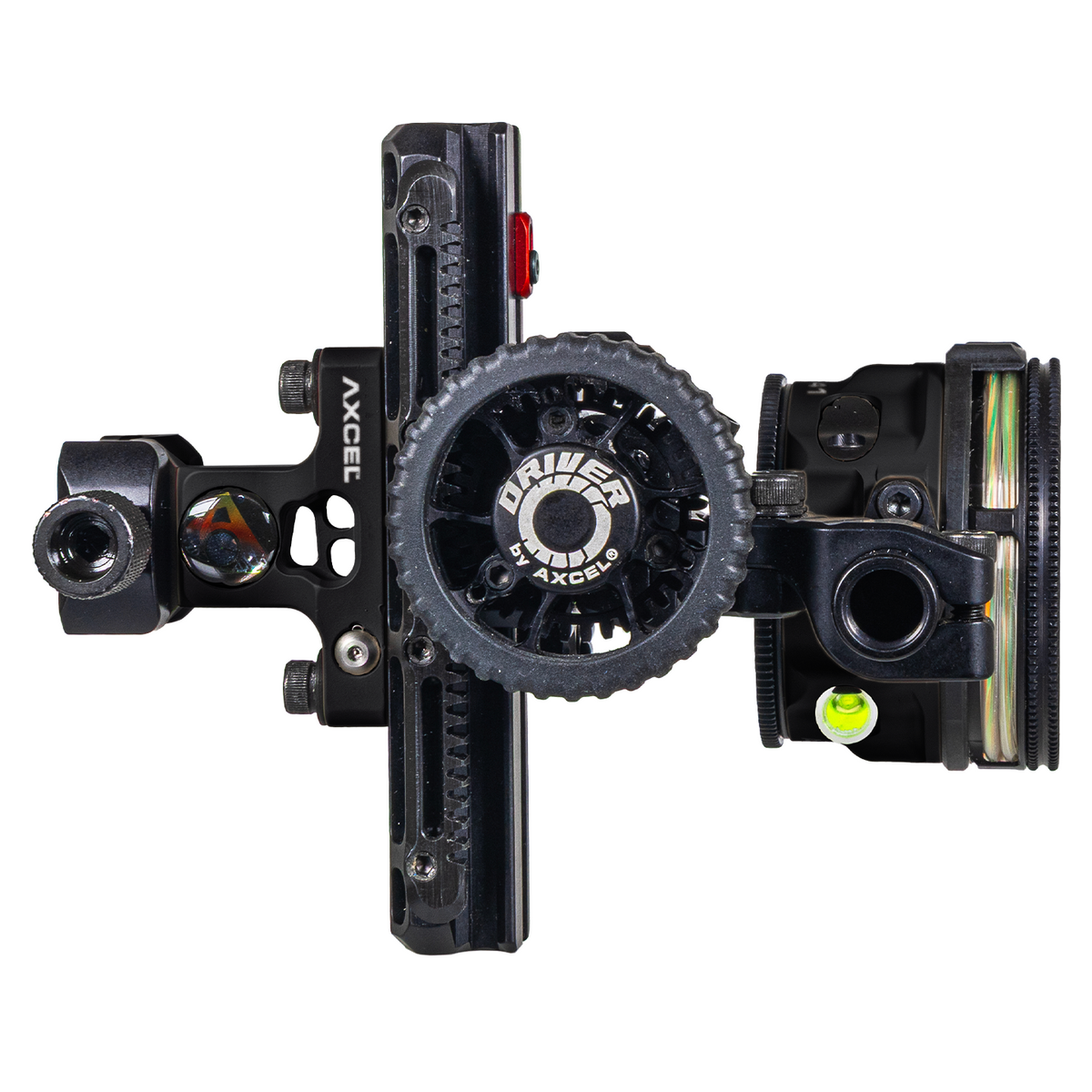 Axcel Driver CK Picatinny bow sight, Midnight Cerakote with AVX-41 Plus scope, rear view of drive wheel