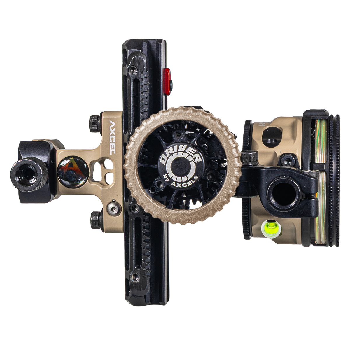 Axcel Driver CK Picatinny bow sight, Terrain Cerakote with AVX-41 Plus scope, rear view of drive wheel